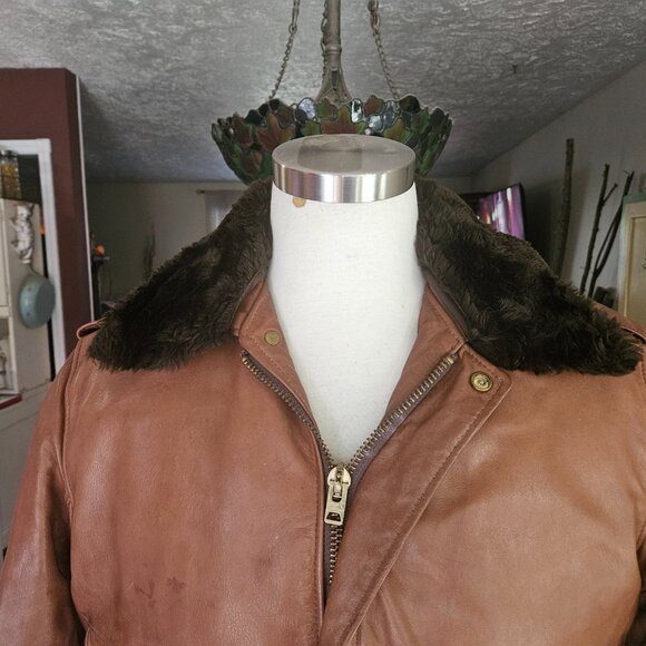 Vintage USA Men's SCHOTT BIKER FUR LINED BROWN LEATHER BOMBER Jacket Sz 44 - Picture 4 of 16